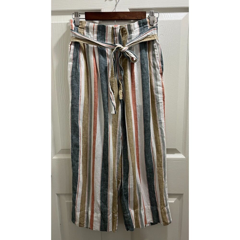 Madewell Tie-Waist Huston Pull-On Crop Pants Size Small in Stripe Linen Blend - Picture 4 of 12